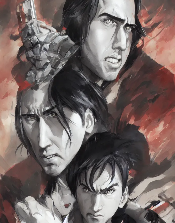 Image similar to anime portrait of nicolas cage as a muscular anime boy by Stanley Artgerm Lau, WLOP, Rossdraws, James Jean, Andrei Riabovitchev, Marc Simonetti, and Sakimichan, trending on artstation