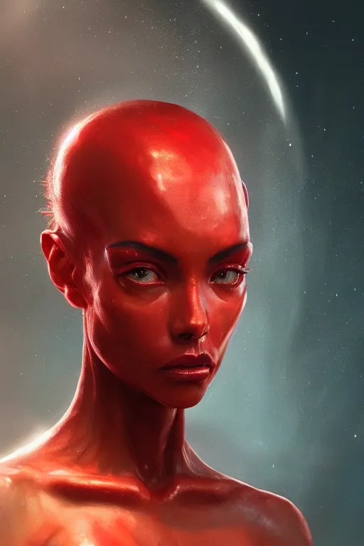 Image similar to a fancy portrait of an attractive alien women with red skin by Greg Rutkowski, Sung Choi, Mitchell Mohrhauser, Maciej Kuciara, Johnson Ting, Maxim Verehin, Peter Konig, final fantasy , 8k photorealistic, cinematic lighting, HD, high details, atmospheric , trending on artstation