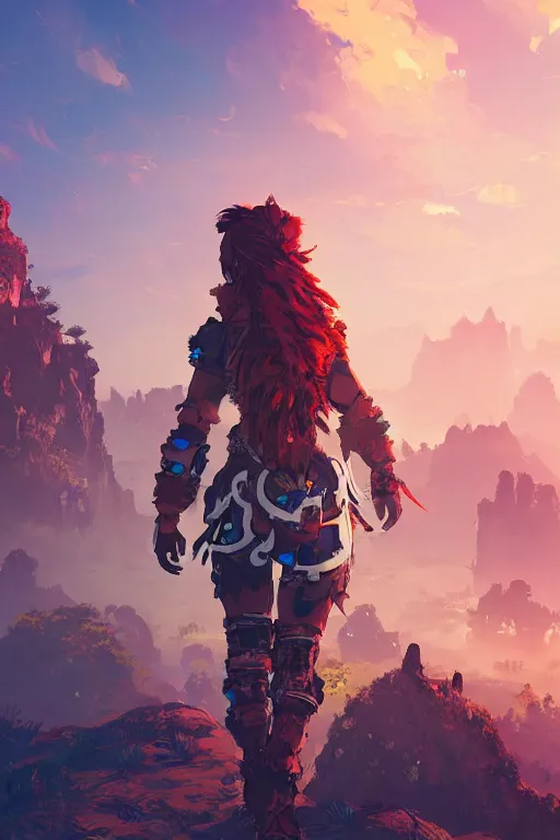 Image similar to combination suit armor aloy horizon forbidden west horizon zero dawn radiating a glowing aura global illumination ray tracing hdr fanart arstation by ian pesty and alena aenami artworks in 4 k tribal robot ninja mask helmet backpack