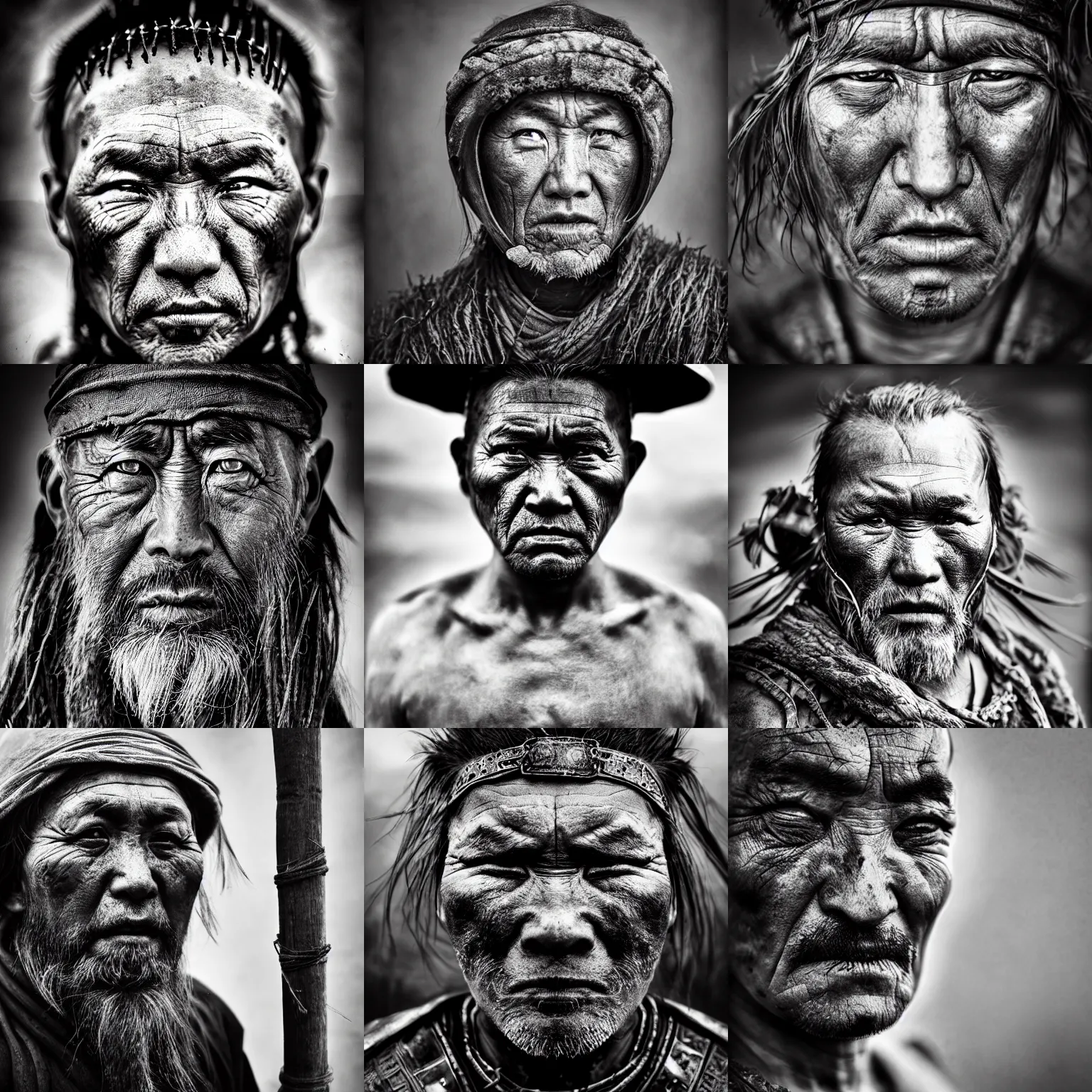 Prompt: Award Winning reportage Full-face Portrait of a prehistoric weathered Mongolian War Chieftain with beautiful eyes wearing Battle garb by Lee Jeffries, 85mm ND 5, perfect lighting, gelatin silver process