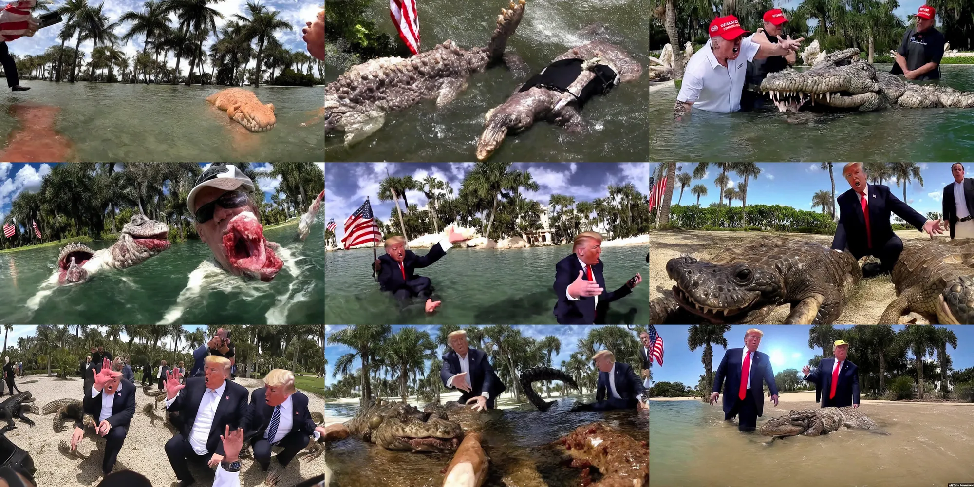 Prompt: gopro footage of donald trump being eaten by an alligator at mar - a - lago, blood and bone, ground beef