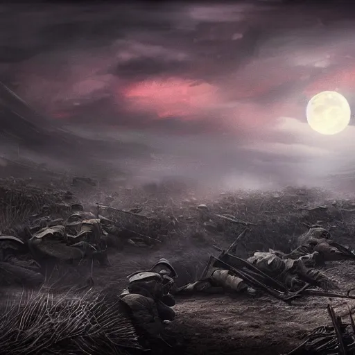 Image similar to a world war 1 battleground under a full moon, digital painting, mixed media, trending on artstation and deviantart, epic composition, highly detailed, 8 k