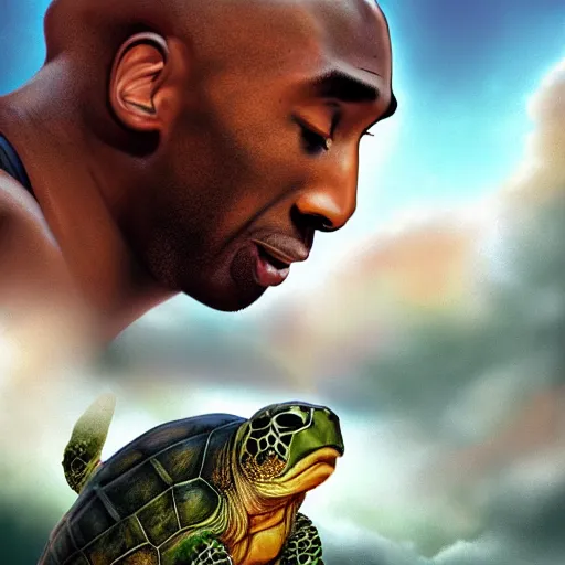 Image similar to kobe bryant kissing a giant turtle in heaven, hyper realistic, side view, digital art, amazing detail, artstatiom, cgsociety, epic art