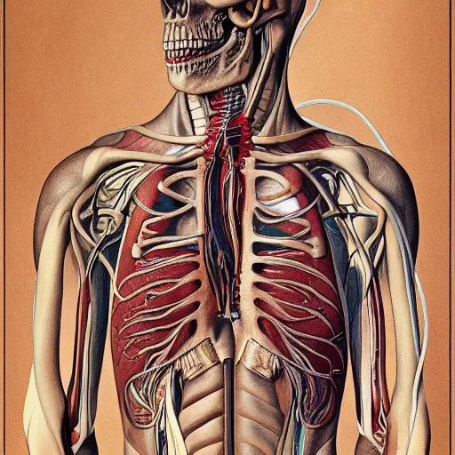 Prompt: a medical illustration of the human artery system, dissected human torso and skull, medical, simple but detailed, in style of da vinci, moebius and mucha