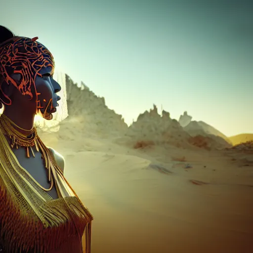 Image similar to giesha demon, innovative avant - garde art, deco fashion, asian women, highly detailed, photorealistic portrait, serene desert setting, golden hour, crisp quality and light reflections, octane render