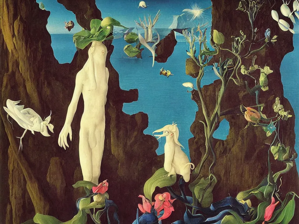 Image similar to Portrait of albino mystic with blue eyes, with exotic beautiful orchid mantis. Landscape with iceberg. Painting by Jan van Eyck, Audubon, Rene Magritte, Agnes Pelton, Max Ernst, Walton Ford