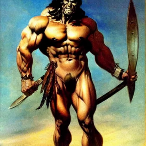 Prompt: by Frank Frazetta style, barbarian with extraordinary muscle structure with long sword, wide view, well-defined anatomy, high quality details, deep depth of field, denoise