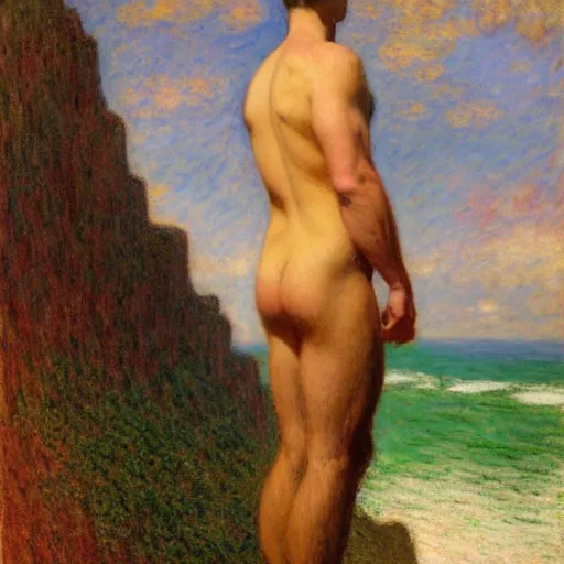 Image similar to an attractive male standing on a cliff, clothed!, looking out at the ocean, by gaston bussiere, craig mullins, j. c. leyendecker, claude monet