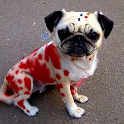 Prompt: a dog with many red spots and circles on his white fur, very long ears