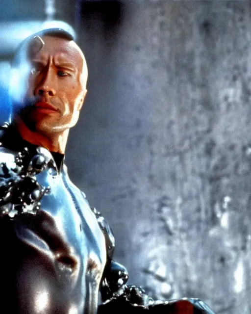 Image similar to Film still close-up shot of Dwayne Johnson as the T-1000 from the movie Terminator 2. Photographic, photography