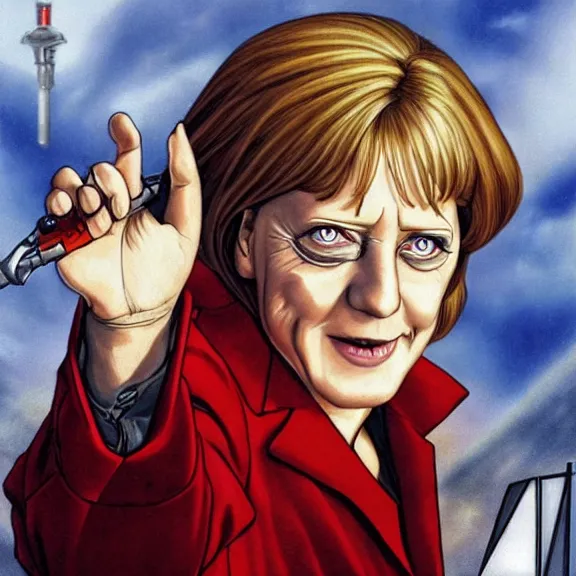 Image similar to angela merkel is alucard in hellsing, airbrush art, drew struzan illustration art, key art, movie poster