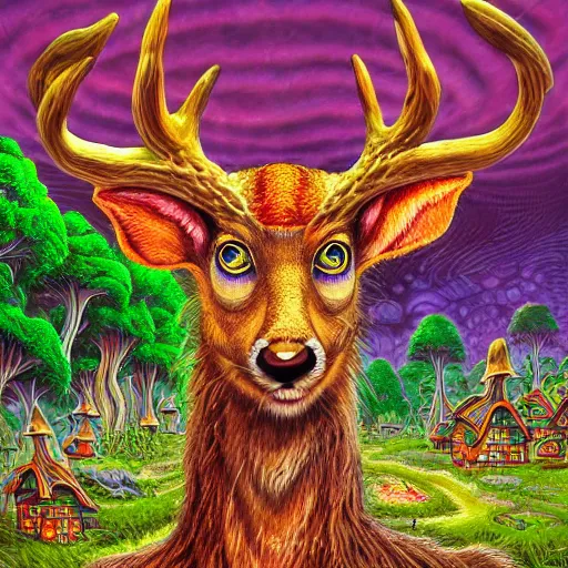 Image similar to 4 k headshot portrait of a psychedelic demonic anthropomorphic deer with mushroom themed clothes, magic mushroom village in background by jeff easley, award winning, stylized neon, post - processing, masterpiece, superb resolution. in the art style of junji ito and greg rutkowski. detailed mushroom city in background. hyper realistic anime. perfect art. dalle 2