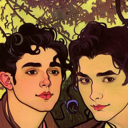 Image similar to painting of young cute handsome beautiful dark medium wavy hair man in his 2 0 s named shadow taehyung and cute handsome beautiful min - jun together at the halloween! party, bubbling cauldron!, candles!, smoke, autumn! colors, elegant, wearing suits!, delicate facial features, art by alphonse mucha, vincent van gogh, egon schiele