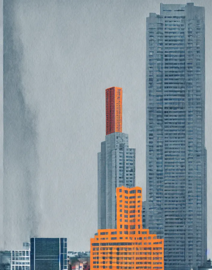 Image similar to fukuoka city tower, a painting, in the style of wes anderson, lola dupre, david hockney, isolated on negative white space background dark monochrome fluorescent spraypaint accents volumetric octane render, no double figure