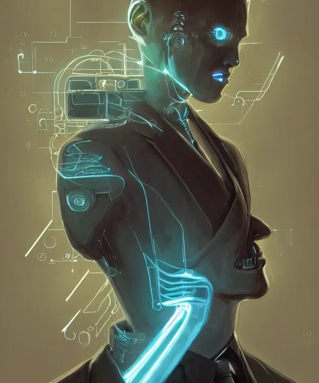 Image similar to a male android portrait wearing a suit and tie, surrealism, scifi, intricate, elegant, sharp eyebrows, highly detailed cybernetic body, neon glowing eyes, digital painting, artstation, concept art, smooth, sharp focus, illustration, art by artgerm and moebius and peter mohrbacher