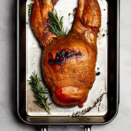 Prompt: roasted spatch donald duck in a baking tray with rosemary and thyme, cooking oil, steam, charred, ready to eat, electric sparks