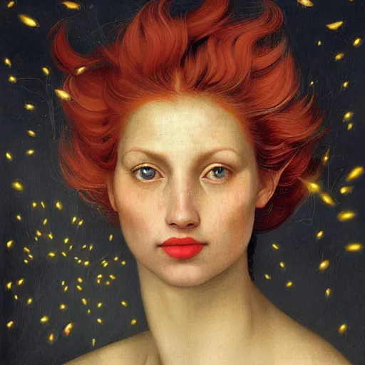 Image similar to a highly detailed portrait, red haired young woman, among golden fireflies, amid nature, long hair, green eyes, hint of freckles, round gentle face, cheeky smile with red lips, deep focus, elegant, digital painting, smooth, sharp, golden ratio, illustration, art by artemisia lomi gentileschi, caravaggio and artgerm