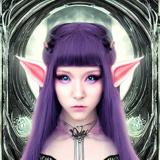 Image similar to A portrait of an ethereal, mysterious stunning maximalist mesmerizing elven girl with elf ears from the rainbow sky paradise in Tron: Legacy (2010), high-tech, Victorian gothic lolita fashion, highly detailed, very beautiful painting by artgerm and WLOP, inspired by Mark Ryden and Hiroyuki-Mitsume Takahashi