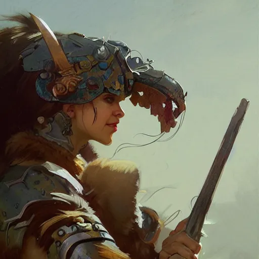 Prompt: female warrior in furry tiger helmet character. Renowned character illustration by greg rutkowski, thomas kindkade, alphonse mucha, loish, norman rockwell. Trending on artstation.