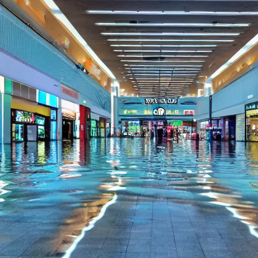 Prompt: a shopping mall flooded with water with semidirectional lighting, 4k, liminal, 40mm lens