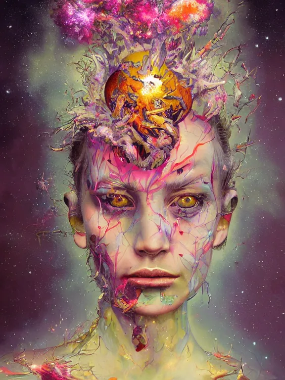 Prompt: art portrait of space zombie with flower exploding out of head,8k,by tristan eaton,Stanley Artgermm,Tom Bagshaw,Greg Rutkowski,Carne Griffiths,trending on DeviantArt,face enhance,hyper detailed,minimalist,cybernetic, android, blade runner,full of colour,