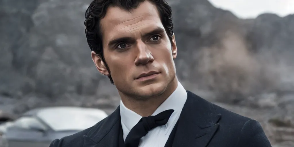 Prompt: henry cavill as james bond, still from latest james bond movie, amazing detail, sony fx 3 cinema line