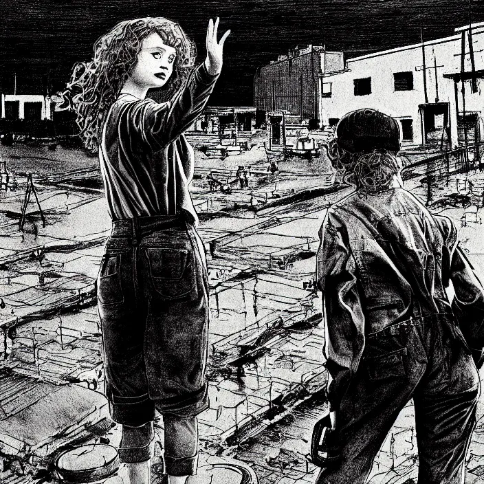 Prompt: sadie sink in dirty work clothes waves goodbye to workmen. background : factory, dirty, polluted. technique : black and white pencil and ink. by gabriel hardman, joe alves, chris bonura. cinematic atmosphere, detailed and intricate, perfect anatomy