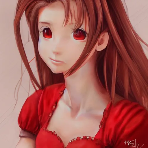 Prompt: concept art of aerith gainsborough in wall market red dress, highly detailed, trending on artstation