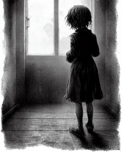 Image similar to creepy child, hopelessness, staring out, black and white, victorian, poor, ultra realistic, concept art, intricate details, horror, cinematic, highly detailed