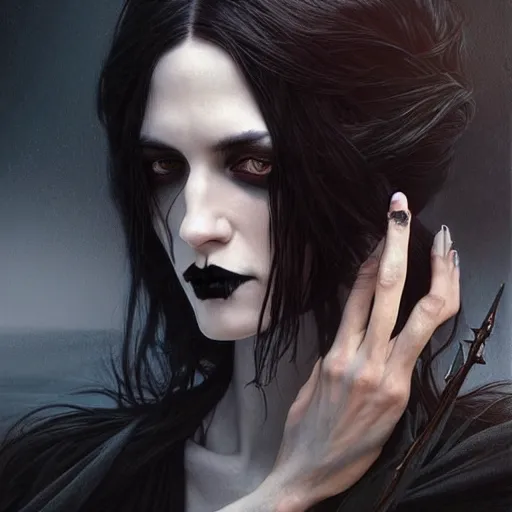 Image similar to portrait painting of an androgynous witch with shoulder length flowing black hair pale skin and beautiful dark brown eyes wearing goth clothes, ultra realistic, concept art, intricate details, eerie, highly detailed, photorealistic, octane render, 8 k, unreal engine. art by artgerm and greg rutkowski and alphonse mucha