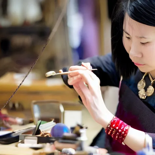 Image similar to A chinese female goldsmith at her desk crafting a necklace