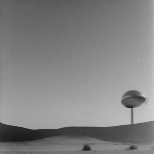 Prompt: a big metal disk over a the desert at night, distant!!, historical photo, old polaroid, expired film,