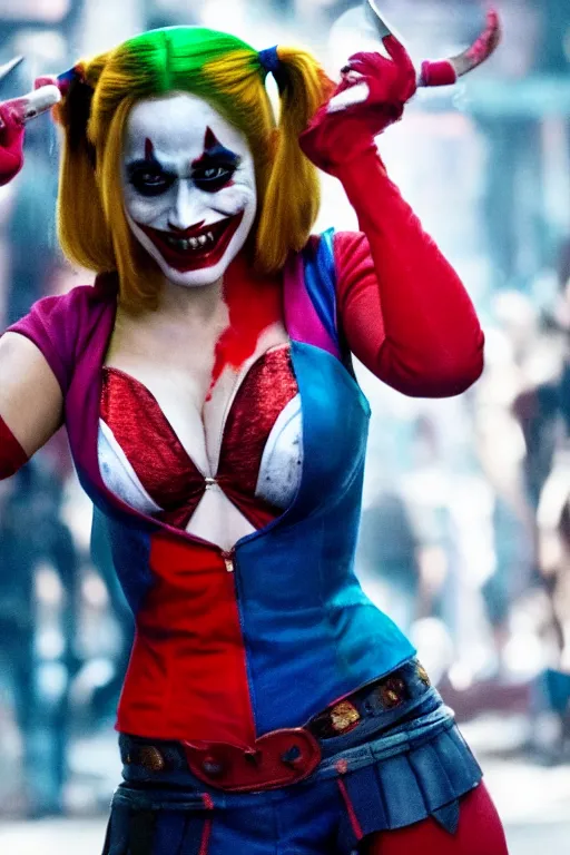 Prompt: film still of Salma Hayek as Harley Quinn in Joker, 4k
