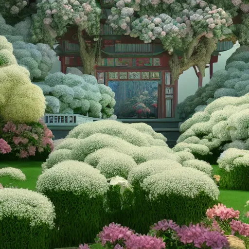 Prompt: A beautiful Chinese palace, Surrounded by flower Arrangement Hydrangea and Delphinium, A paradise like a fairyland, by Mamoru Hosoda and James Jean and beeple, 3D Octane Render