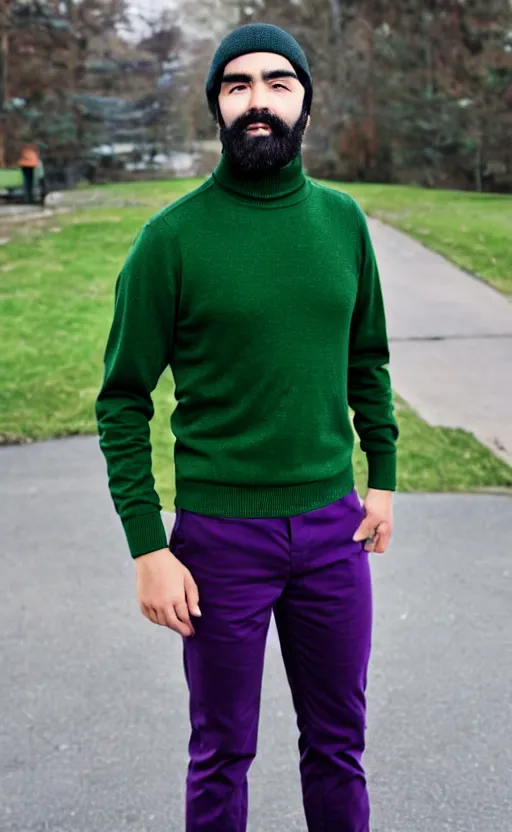 Prompt: a young man with a chin - style dark brown beard without mustache in a dark black cap, green turtleneck, purple pants and super white sneakers in full height, manly face