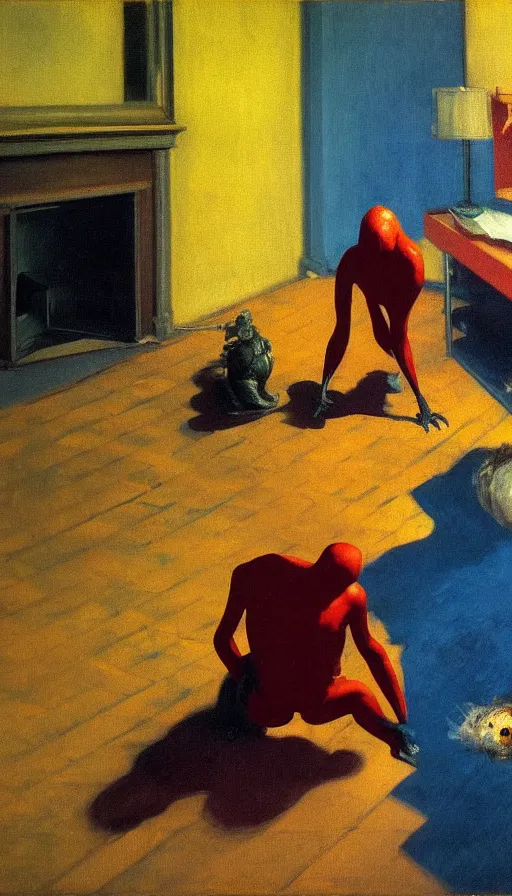 Prompt: the spider wants to eat, but is tired, a strange feeling, hauntingly surreal, highly detailed oil painting, by francis bacon, edward hopper, adrian ghenie, glenn brown, soft light 4 k, red and yellow and blue colour palette, cinematic composition, masterpiece