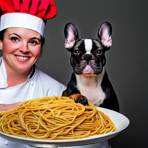 Image similar to a 8k highly detailed still photo by Anne Geddes of Two multi-colored French Bulldogs in chef hats and aprons starring on a cooking show, a plate of spaghetti is prepared, a high end restaurant kitchen in the background, bokeh