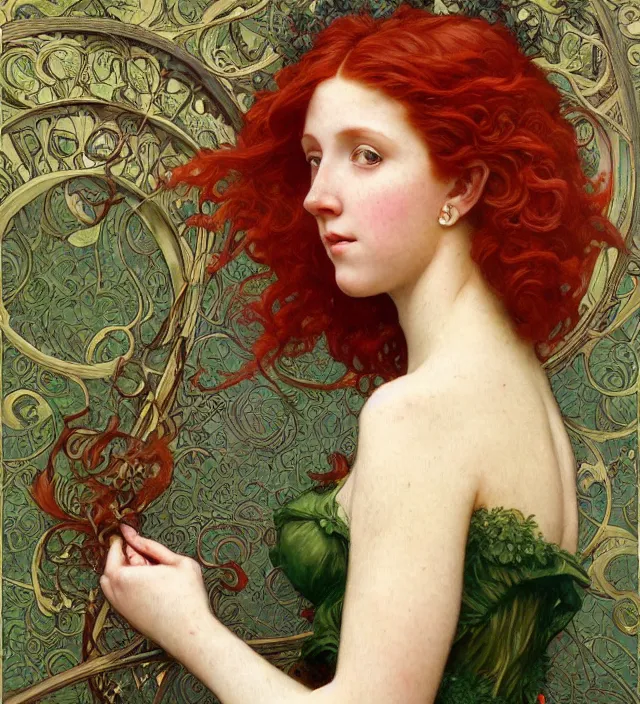 Image similar to intricate art nouveau portrait oil painting of redheaded young millie bobby brown with long red hair blowing in the wind, wearing an intricate green lace dress, in front of an carved wood screen, elegant, digital painting, smooth, sharp focus, illustration, ultra realistic, 8 k, by bouguereau, alphonse mucha, artgerm, and donato giancola