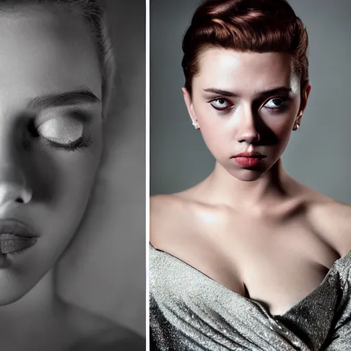 Image similar to dramtically lit, high quality studio photo of a girl who looks like 16-year old Audrey Hepburn and Scarlett Johansson, with parted lips and stunning, anxious eyes, wearing a silver satin gown, by Steve McCurry