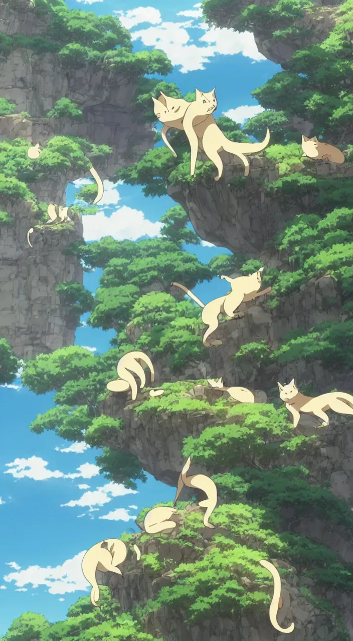 Prompt: fat cats rolling off a cliffside, screenshot from the anime film by makoto shinkai