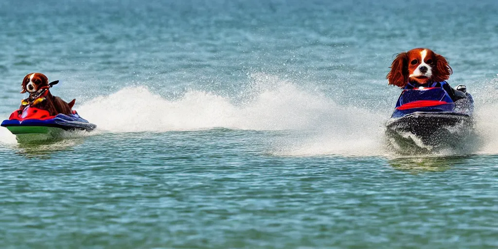 Image similar to A Cavalier King Charles Spaniel on a Jetski