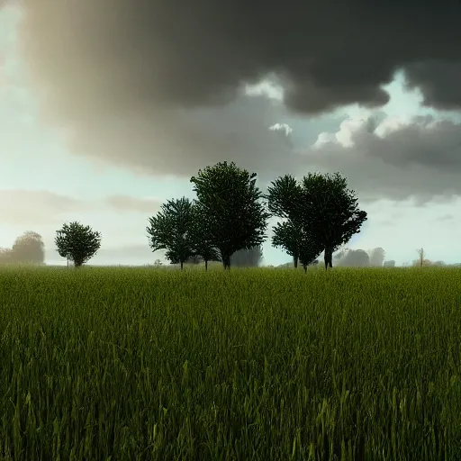 Prompt: landscape field, hyperrealistic, cinematic, unreal engine 5, rain