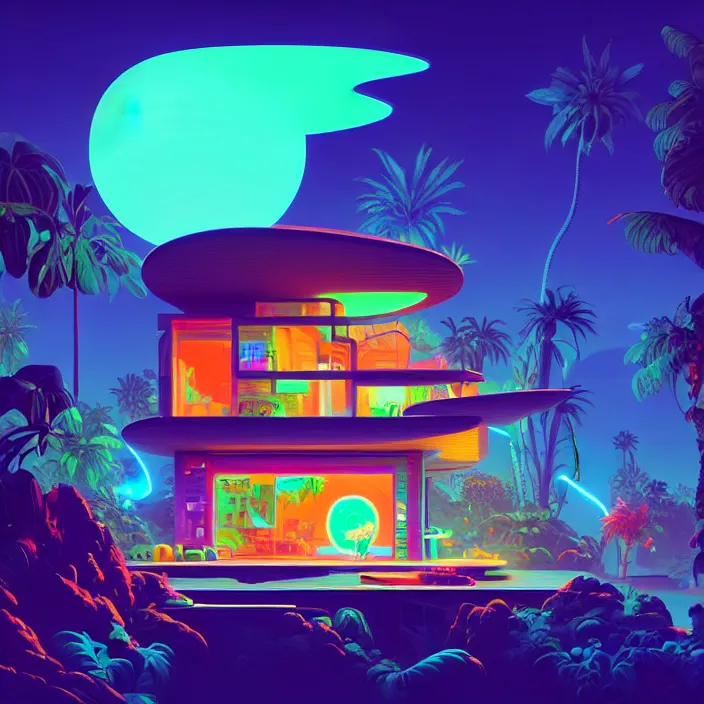 Prompt: a bioluminescent neon tropical cottage by paolo eleuteri serpieri and tomer hanuka and chesley bonestell and daniel merriam and tomokazu matsuyama, unreal engine, high resolution render, featured on artstation, octane, 8 k, highly intricate details, vivid colors, vector illustration