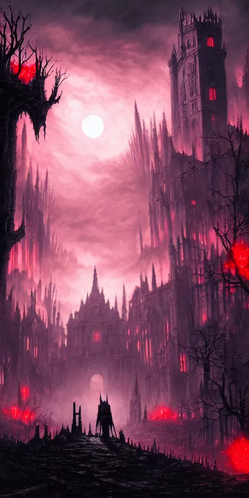 Image similar to populated bloodborne old valley with a dark person at the centre and a ruined gothic city in the background, trees and stars in the background, falling red petals, epic red - orange moonlight, perfect lightning, wallpaper illustration by niko delort and kentaro miura, 4 k, ultra realistic