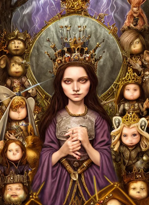 Image similar to highly detailed closeup portrait of a goth fairytale joan of arc wearing a crown and sitting on a throne, surrounded by cutr bunnies, unreal engine, nicoletta ceccoli, mark ryden, earl norem, lostfish, global illumination, god rays, detailed and intricate environment