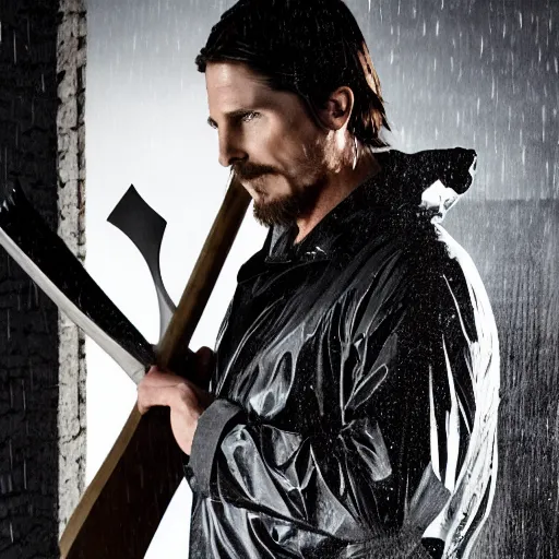 Prompt: christian bale in a clear rain coat holding an axe hd