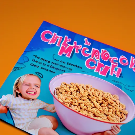 Prompt: photo of a cereal - box with a picture of a smiling broken - toothed child on the cover