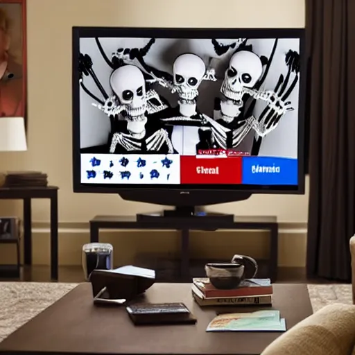 Prompt: skeleton watching election results on tv with his friends