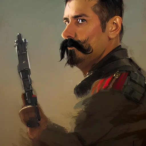 Prompt: portrait of a man by greg rutkowski, british features, short black hair in military style, moustache, perfect military composure, wearing imperial captain uniform, star wars expanded universe, he is about 4 0 years old, highly detailed portrait, digital painting, artstation, concept art, smooth, sharp foccus ilustration, artstation hq