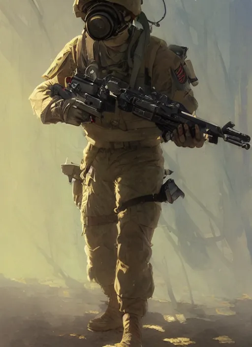 Image similar to us soldier in full battle gear, hd artstation, makoto shinkai, dean cornwell, lois van baarle, norman rockwell, ilya kuvshinov, j c leyendecker, victo ngai, mc clelland barclay, ossdraws, feng zhu, andreas rocha, john harris, cinematic